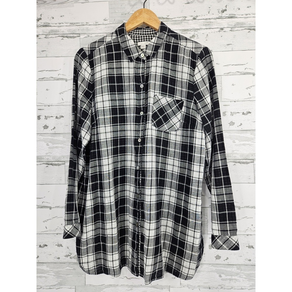 J. Jill Womens Black White Plaid Cotton Button Down Tunic Shirt Pocket Medium